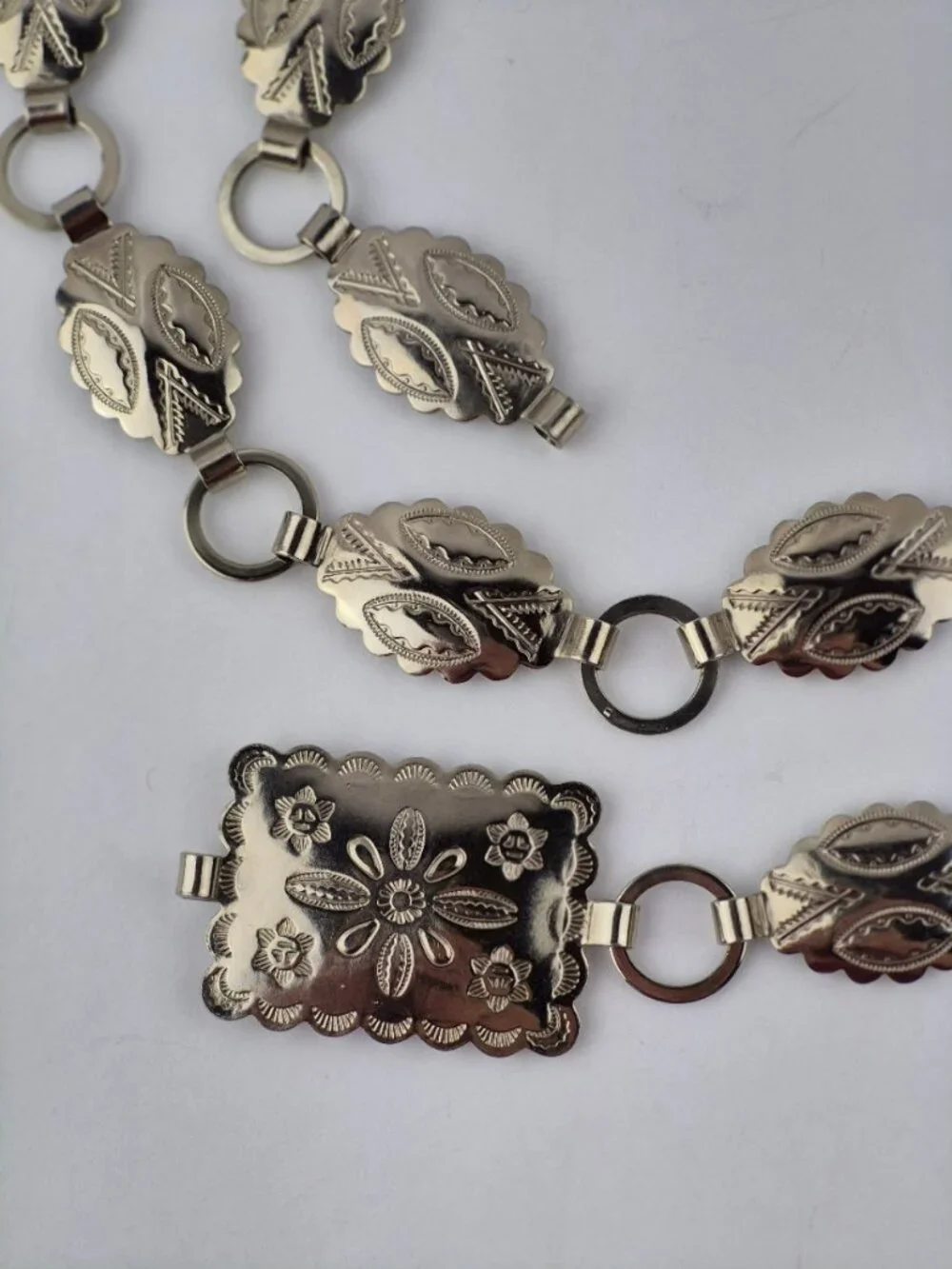 Silver Tone Concho Link Boho Belt Oval Medallions Rectangular Buckle Lightweight